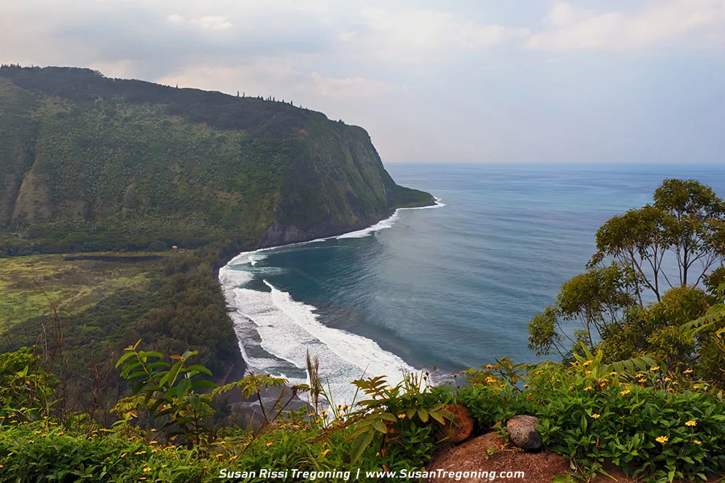 Explore Waipio Valley's stunning overlook and iconic black sand beach, veiled in atmospheric vog. A must-see on your Big Island adventure!