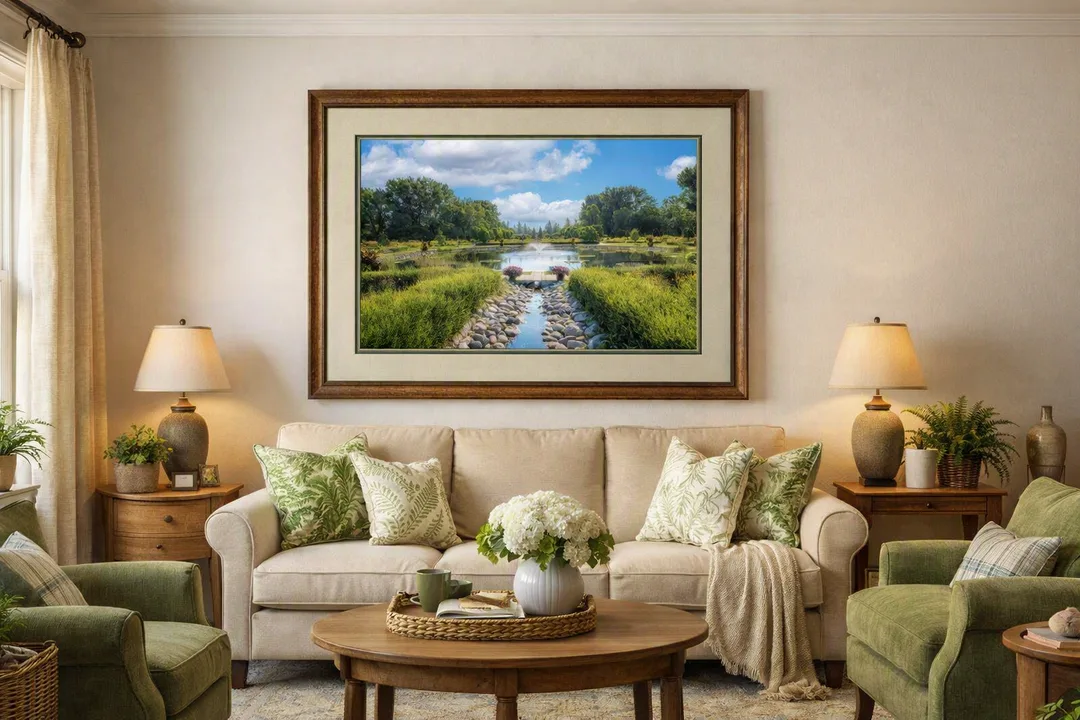 A warm, nature-inspired living room centered around Sunken Garden, a framed landscape artwork capturing the lush tranquility of the International Peace Garden — where vibrant greenery meets a serene waterway under a radiant sky.